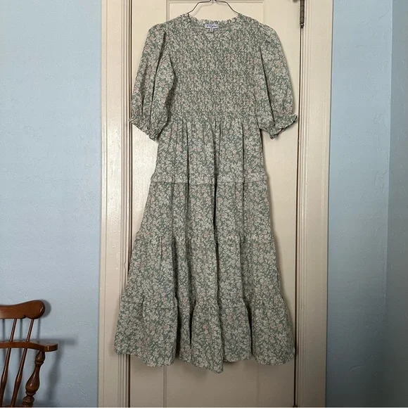 Polagram Dress Floral Green Maxi Smocked Bodice Three Tiered RuffleS Size M - Picture 2 of 15